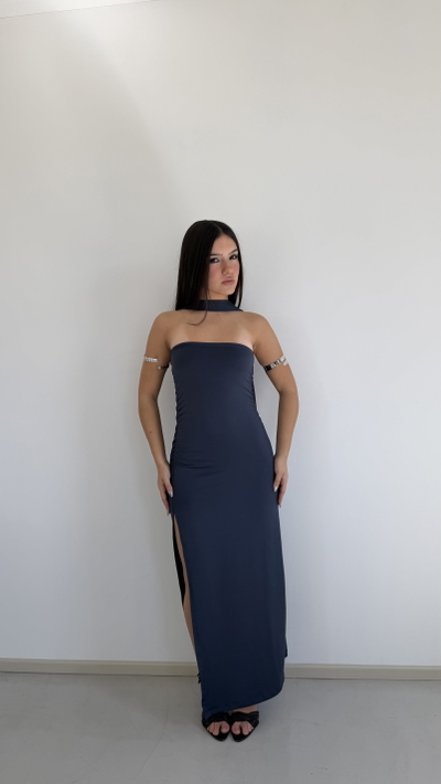 vestido largo strapless con corbata 