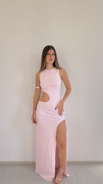 vestido largo con corte en abdomen y tajo 