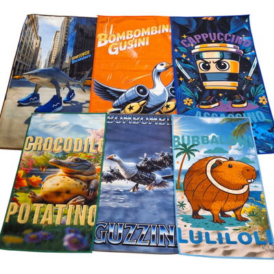 Pack x6 toallitas microfibra Brainrot italiano SURTIDO MEDIDAS: 22cm x 50cm