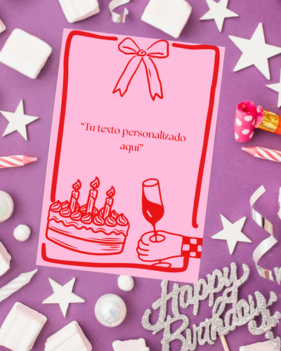 Tarjeta con dibujo de moño. Frase personalizada 