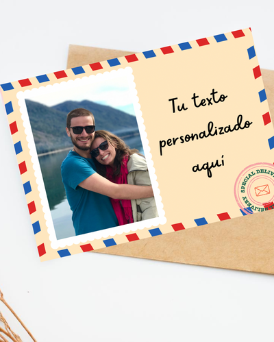 Tarjeta tipo postal con foto y texto 