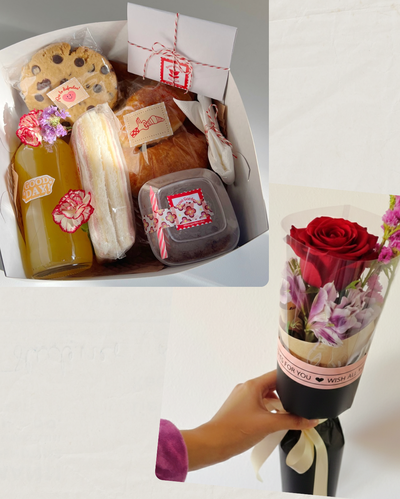 Desayuno + Ramo de 1 rosa importada 