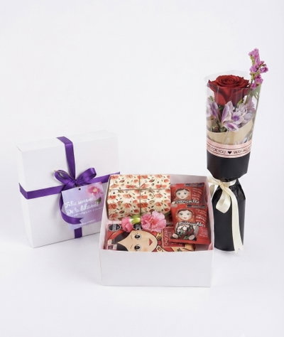 Cajita con chocolates + ramo individual de 1 Rosa