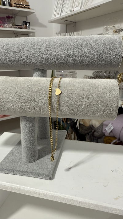 PULSERA DOBLE CON CORAZON ACERO DORADO (17-21CM)