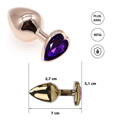 Plug violeta S: Joya Anal Small Color Gold Rosado Con Gema violeta En Forma De Corazon