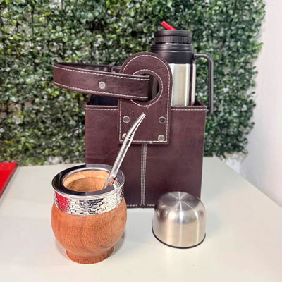 PROMO 18 - Mate Imperial ALGARROBO, Termo, Canasta + Bombilla SEMI Recta Acero de REGALO