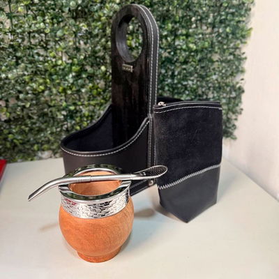 PROMO 34 - Mate Imperial ALGARROBO, CHARRÚA, Bombilla + Yerbera 100% CUERO de REGALO