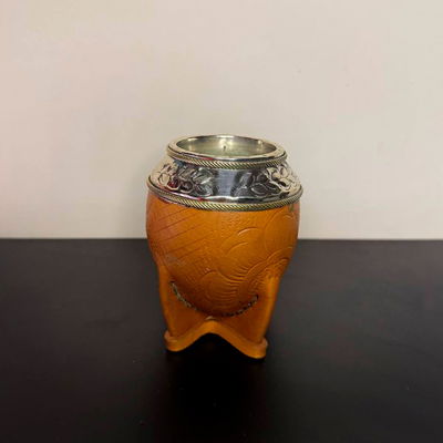 Mate Torpedo EXCLUSIVO, DOBLE ARO, Virola Alpaca, Cuero TALLADO - Modelo 2