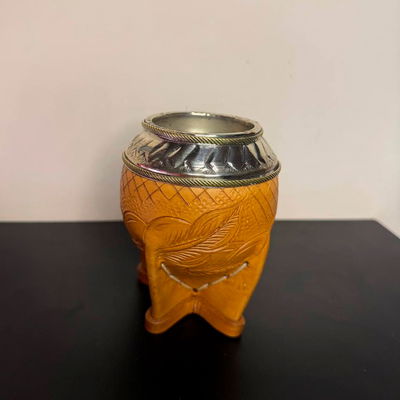 Mate Torpedo EXCLUSIVO, DOBLE ARO, Virola Alpaca, Cuero TALLADO - Modelo 1