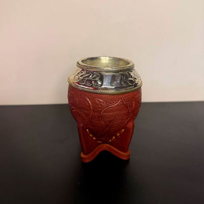 Mate Torpedo EXCLUSIVO, DOBLE ARO, Virola Alpaca, Cuero TALLADO - Modelo 4