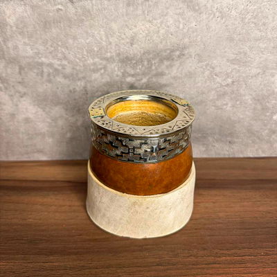 Mate Imperial CRIOLLO, Virola Alpaca, Apliques en Bronce, Base Cuero - Modelo 4