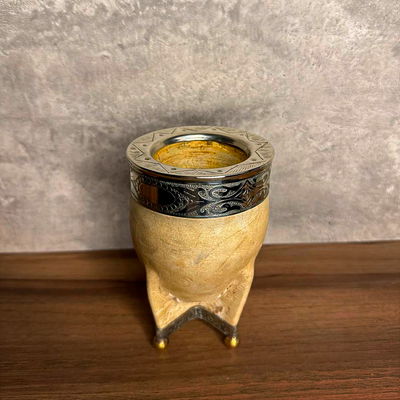 Mate Imperial EXCLUSIVO, Virola Alpaca, Cuero CRUDO, Base y Bolitas - Modelo 4