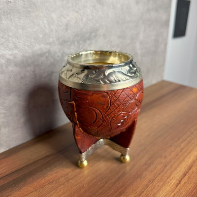 Mate Torpedo, Virola Alpaca, Cuero TALLADO, Base y Bolitas. - Modelo 6