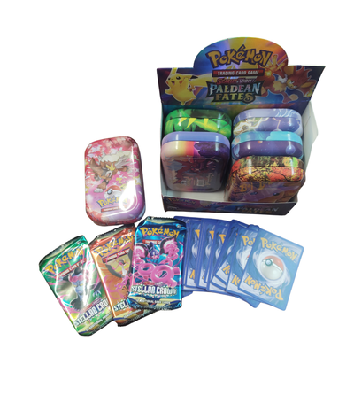 Carta Pokémon en lata con 3 sobres +25 cartas
