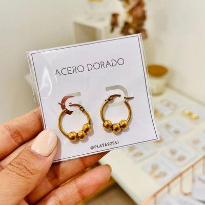 Argollas con Bolitas ACERO DORADO