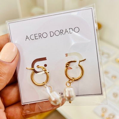 Argollas con Perlas ACERO DORADO