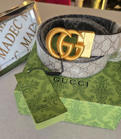 Cinto Gucci Gris Hebilla Dorara Opaca Deluxe 