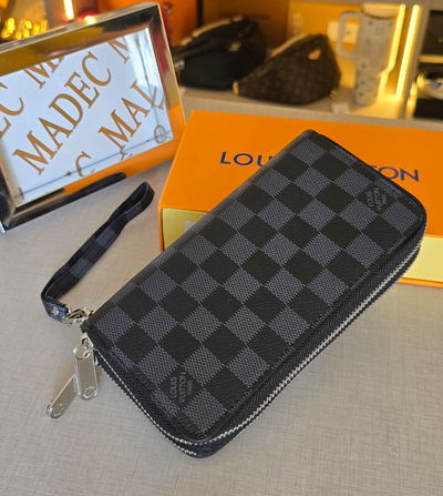 Billetera Louis Vuitton Doble Cierre Cuadros Negra/Gris