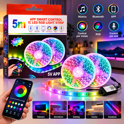 TIRA LED 5050 RGB 5MTS AUDIORITMICA APP BT 5V USB