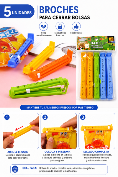 CLIP BROCHES PARA CERRAR BOLSAS X5 UNIDADES