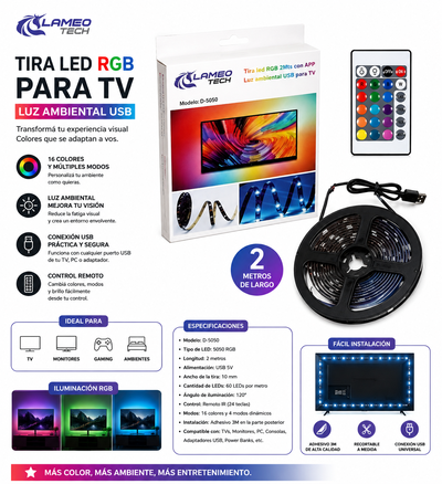 TIRA LED RGB BLUETOOTH p/TV c/CONTROL REMOTO+APP