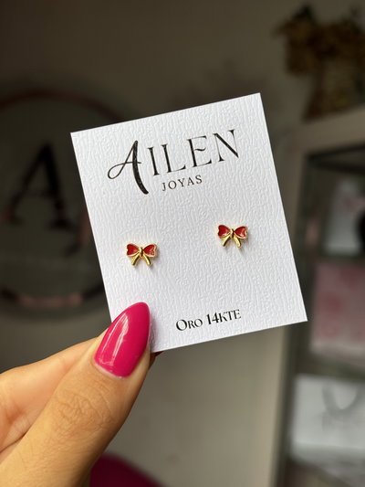Aros Oro moñito rojo