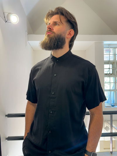 Camisa Lino Cuello Mao Negro