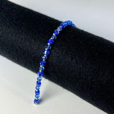 Pulsera Cristal Cubo Azul y Bolitas Plata 925