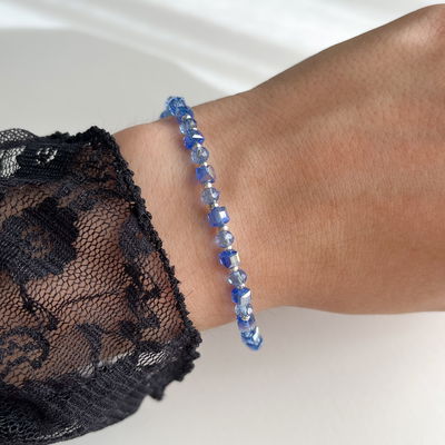 Pulsera Cristal Cubo Azul y Bolitas Plata 925