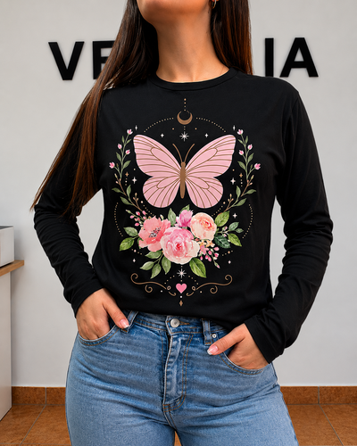REMERA MANGA LARGA MARIPOSA ROSA