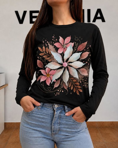 REMERA MANGA LARGA NEGRA 3 FLORES