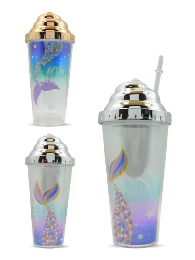 Vaso Acrílico Con Tapa Y Bombilla Sirena Plata