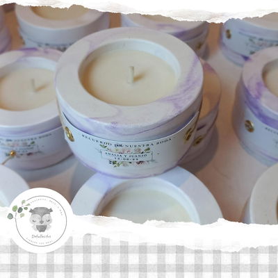 80 Porta Velas Yeso Artesanal + Vela Soja TARJETA + MARMOLADA LILA/VIOLETA