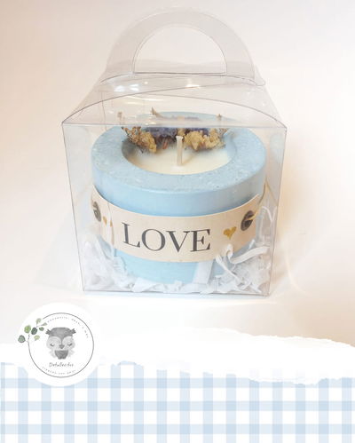 50 Porta Velas Yeso Artesanal azules rustico + flores + Vela Soja + TARJETA + Caja Acetato