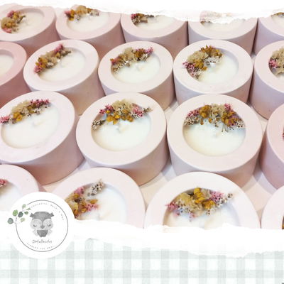 50 Porta Velas Yeso Artesanal + Vela Soja + Flores + TARJETA PERSONALIZADA