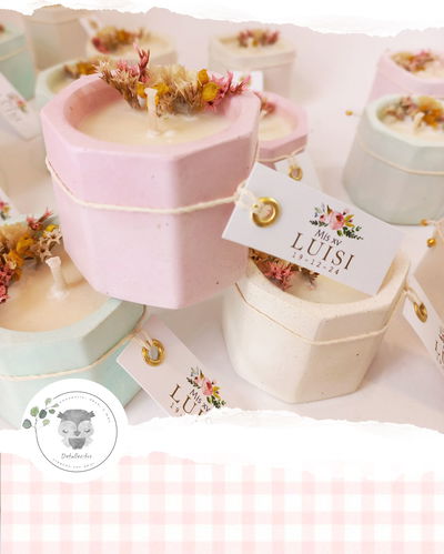 100 Porta Velas Yeso Artesanal Cuadrada y Octogonal + Vela Soja + TARJETA + Flores secas