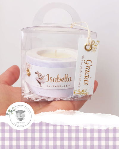 Porta Velas Yeso Artesanal + Vela Soja + TARJETA + Caja Acetato + Etiqueta extra + FLORES