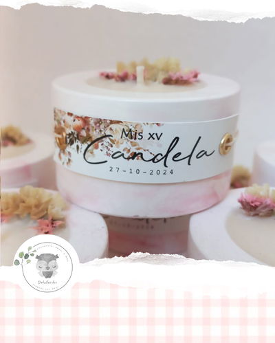 Porta Velas Yeso Artesanal + Vela Soja + Flores + TARJETA PERSONALIZADA