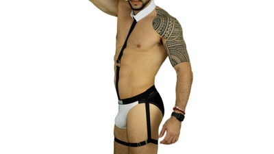 Conjunto arnes elegante y slip blanco con negro