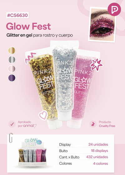 CS6630 PINK 21 GLITTER GEL GLOW FEST X1