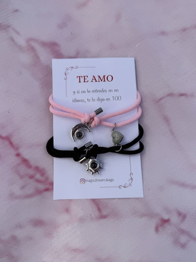 Pulseras sol y luna Te amo en 100 idiomas brilla en la oscuridad 