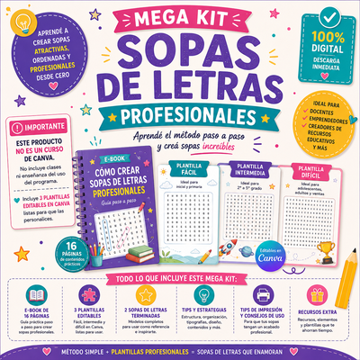 ✨ Mega Kit – Cómo crear Sopas de Letras Profesionales + Plantillas Editables