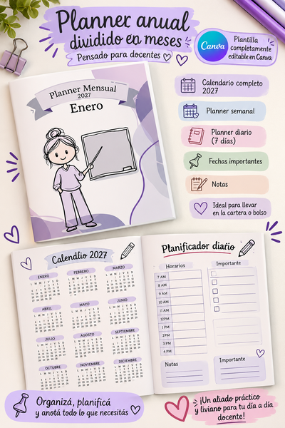 PLANNER DOCENTE MENSUAL 2027 — PLANTILLA EDITABLE EN CANVA