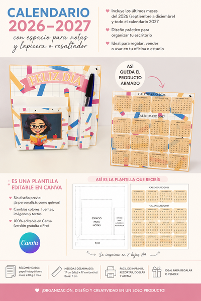 Porta Notas y lapicera con Calendario 26/27 - Plantilla Editable