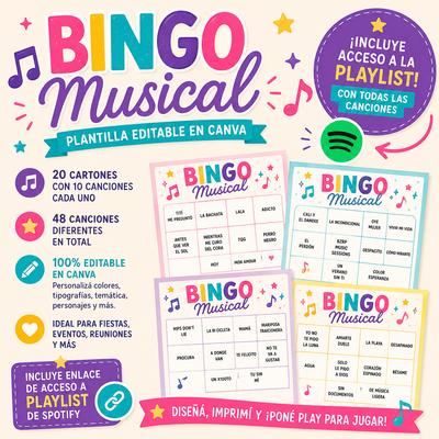 🎶 PLANTILLA BINGO MUSICAL CON CANCIONES 🎶