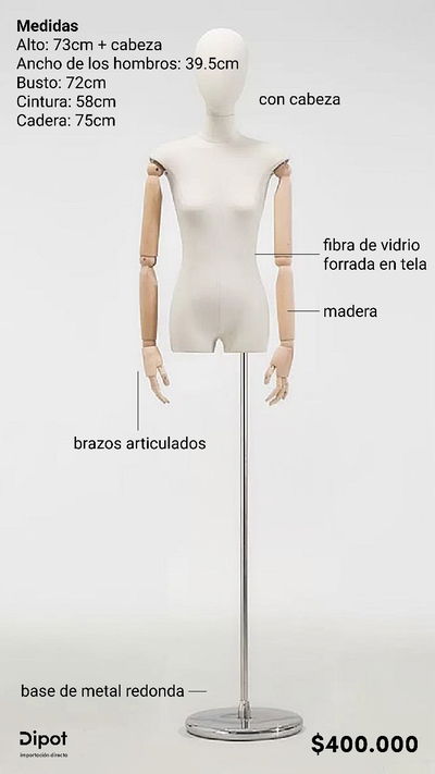 MANIQUÍ DE MUJER FORRADO EN TELA CON CABEZA CON BRAZOS ARTICULADOS
