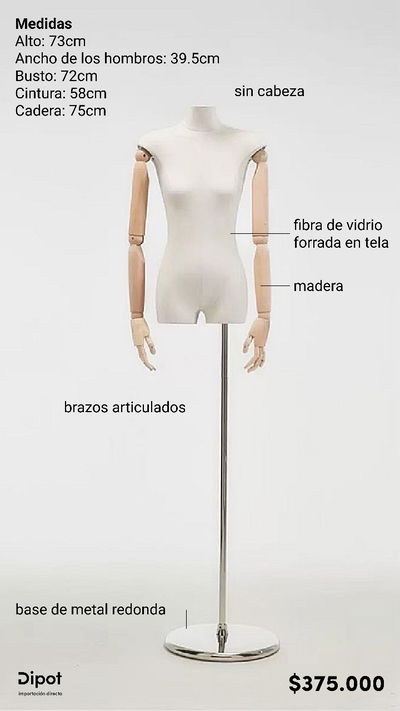 MANIQUÍ DE MUJER FORRADO EN TELA SIN CABEZA CON BRAZOS ARTICULADOS