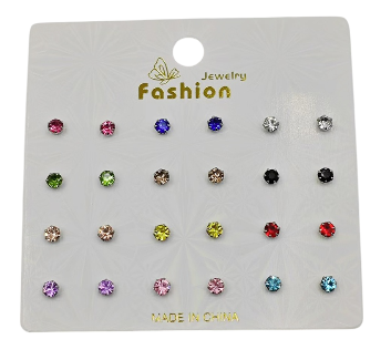 AROS X 12 PAR STRASS COLORES EN CARD MEDIANO PLATEADO