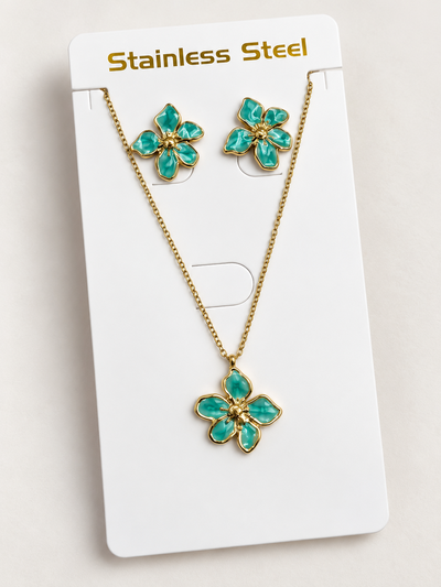 SET COLLAR Y AROS ACERO DORADO DIJE VERDE X SET