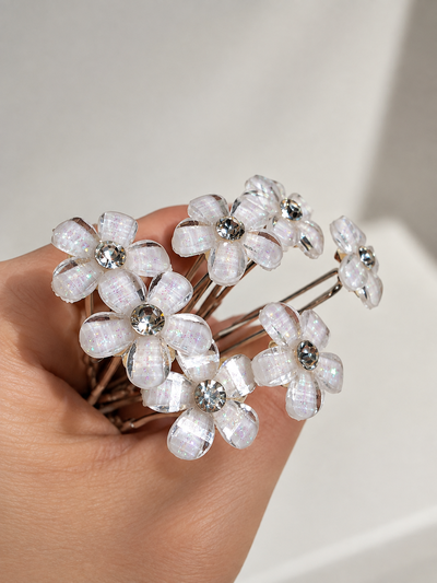 HORQUILLAS CON FLOR BLANCA CON STRASS X 20 X TUBO